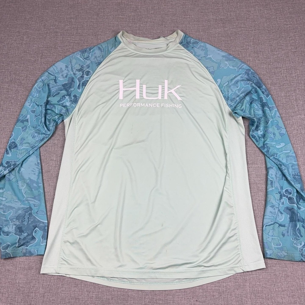 Huk Fishing Shirt Mens Large Green Camo Long Sleeve Performance Sun Tee Top